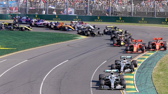 Storming off the grid: Valtteri Borras leads from the start of the Australian Grand Prix in Melbourne on Sunday.