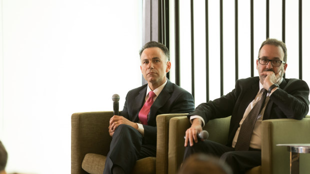 Shadow attorney general John Pesutto and Attorney General Martin Pakula at the Melbourne Press Club. 