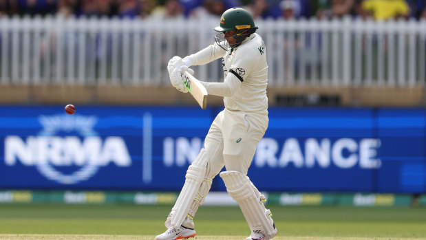 Usman Khawaja shapes to play a pull shot in the Perth Test match.