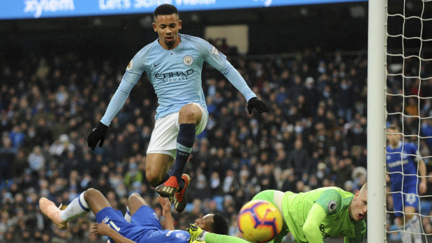 Flying high: Gabriel Jesus produced a brace for the defending champions.