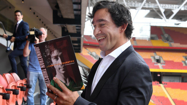 Target: Johnathan Thurston poses at the launch of his autobiography at Suncorp Stadium.