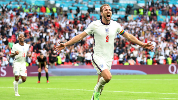 Harry Kane of England celebrates after scoring their side’s second goal during the UEFA Euro 2020 against Germany at Wembley Stadium.