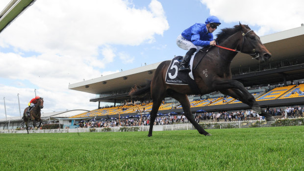 Blue cheer: Tassort storms home to win the Golden Gift by five lengths for Godolphin.