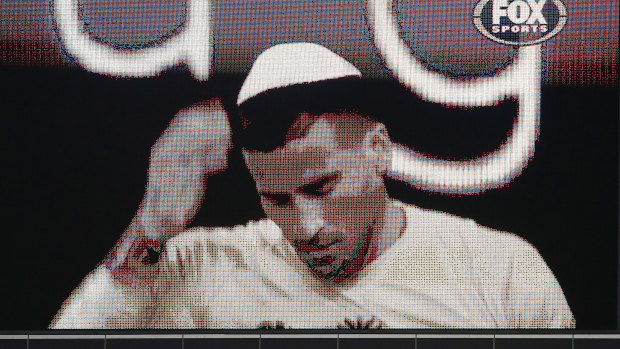 Tomer Hemed of the Phoenix is seen on the big screen wearing a kippah after scoring his second goal during the A-League match between Melbourne City and Wellington Phoenix at AAMI Park.