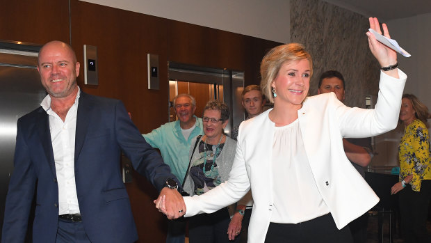 Zali Steggall with husband her husband Tim Irving after her victory in Warringah.