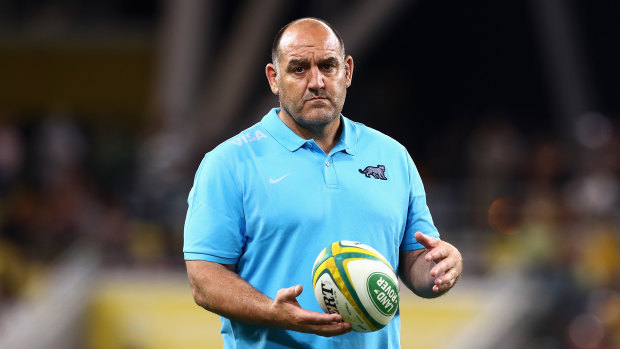 Argentina coach Mario Ledesma watches his team warm up ahead of their match against Australia on Saturday night. 