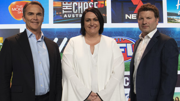 Seven executives Kurt Burnette, Natalie Harvey and Angus Ross at the Upfronts on Friday. 