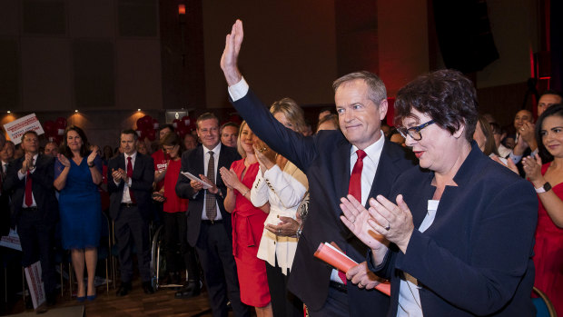 Federal Labor leader Bill Shorten and Penny Sharpe at the NSW Labor launch at Revesby on Sunday. 