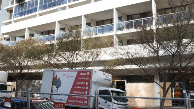 Moving vans outside Mascot Towers this week.