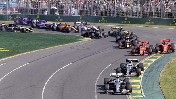 Storming off the grid: Valtteri Borras leads from the start of the Australian Grand Prix in Melbourne on Sunday.