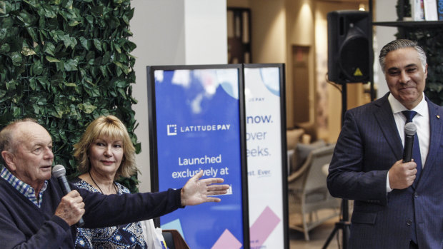 Gerry Harvey and Katie Page, of Harvey Norman, and Ahmed Fahour, CEO of Latitude Finance, on Tuesday morning at the Harvey Norman store in Auburn, western Sydney.