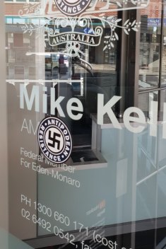 A neo-Nazi sticker that was placed on the window of Member for Eden Monaro Dr Mike Kelly's electorate office in Bega early in September.