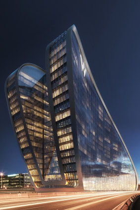 Artist's impression of the Ribbon W Hotel being constructed at Darling Harbour.