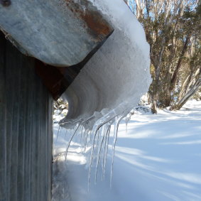 Icicles on the tin roof of Horse Camp Hut.