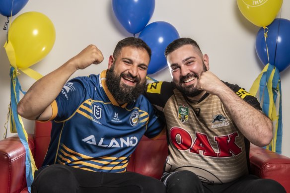 Antoine Mouawad and Noel Haddad enjoy the excitement in west Sydney ahead of the first NRL major final between Parramatta and Penrith.