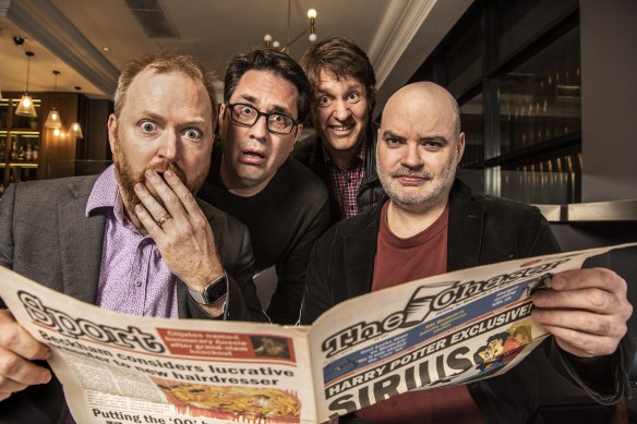 Reucassel (third from left) with Charles Firth, Chris Taylor and Dominic Knight, four of the seven founding editors of The Chaser.