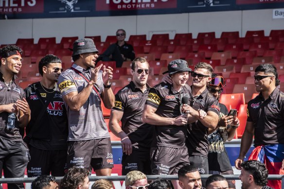 Panthers players address fans at BlueBet Stadium the day after their grand final victory over the Eels.