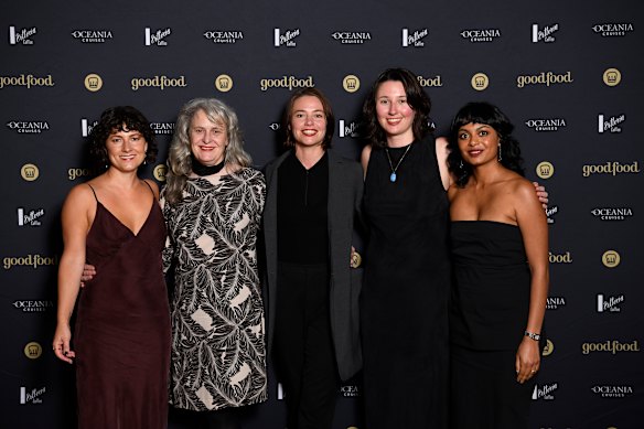 Women and Revolution board members at the Good Food Guide awards (from left) Bridget Raffal (Where’s Nick), Sophie Otton (She Loves you), Ella Stenning, Zoe Brunto (Lil Sis) and Saranya Kundasamy (Human Rights Commission).
