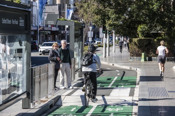 A separated cycleway on Oxford Street in Bondi Junction.