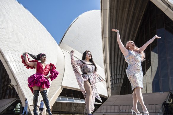RuPaul’s Drag Race Down Under season two finalists Kween Kong (left) and Hannah Conda (centre), with winner Spankie Jackzon (right).