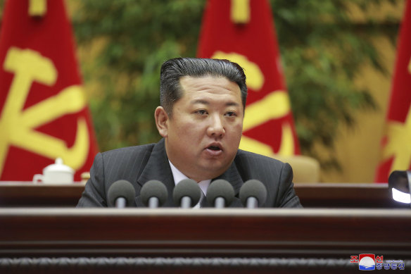 An image provided by the North Korean state of leader Kim Jong-un at a ruling party meeting in Pyongyang on Saturday.