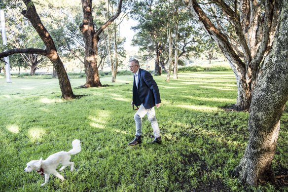 Anthony Albanese plays with his dog, Toto, in Marrickville on Friday.