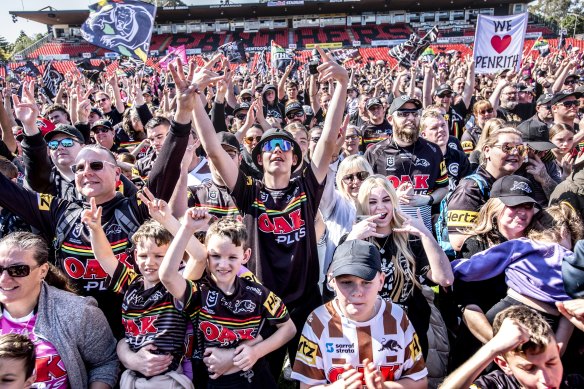 Penrith Power: Panthers fans celebrate with the NRL champions on Monday morning.
