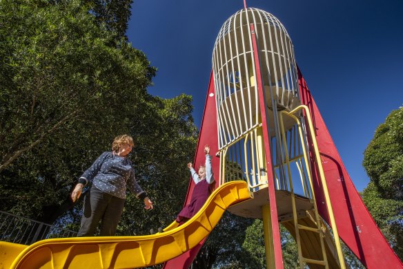 Rocket play equipment in Enmore Park with Ola Stepowski and her grandmother Susan Jackson-Stepowski. 