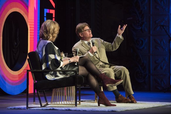 Aaron Sorkin and Leigh Sales on the State Theatre stage.