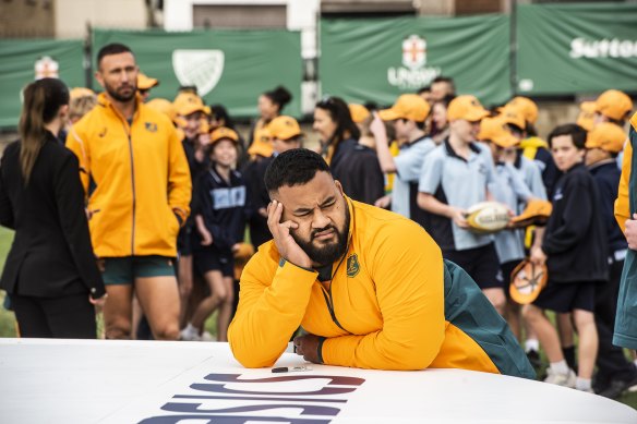 Taniela Tupou takes a breather at the Wallabies jersey launch.