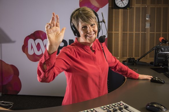 Fran Kelly waves goodbye from the Radio National breakfast desk on Thursday. 