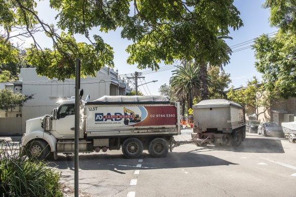 Construction vehicles entering and leaving the White City building site are a concern for Paddington residents and Sydney Grammar School. 
