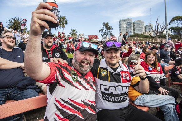 Bears fans Craig Gray and Josh Averell at North Sydney Oval in excitement for a potential marriage with a Perth team.