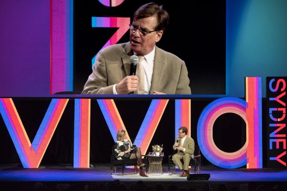 Aaron Sorkin on stage with Leigh Sales at the State Theatre.