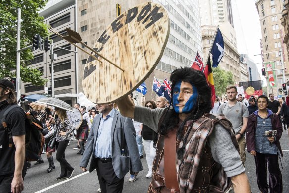 Protester dressed as a character from the movie Braveheart at the Sydney rally