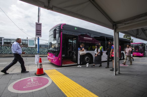 The replacement bus service at Sydenham station, where thousands of commuters are switching to the metro.