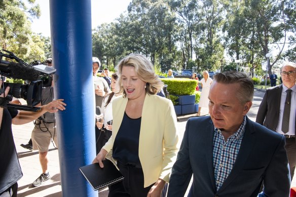 Home Affairs Minister Clare O’Neil and Labor MP Chris Bowen in Fairfield this morning. 