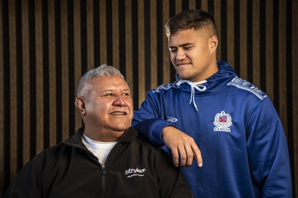 Manly star Josh Schuster with his grandfather, David, ahead of Schuster’s appearance for Samoa.