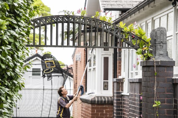 A miniature Sydney Harbour Bridge decorates a driveway in Haberfield.