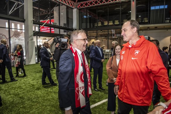 John Longmire shares a laugh with Prime Minister Anthony Albanese on Thursday.