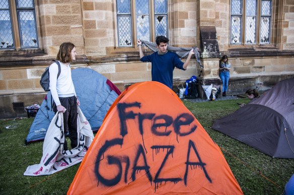 The pro-Palestinian encampment started by students on the university quad.