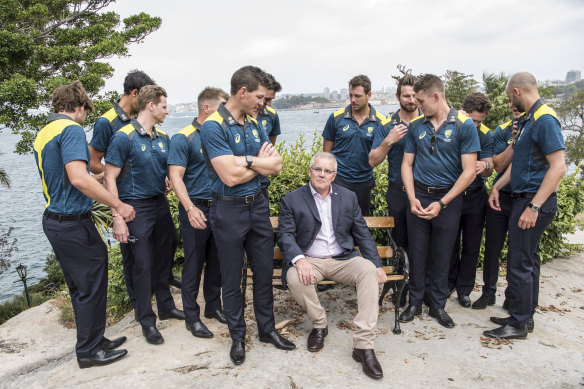 Prime Minister Scott Morrison joins the Australian cricket team at Kirribilli House before the Sydney Test against the New Zealand side.
