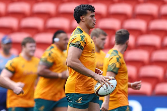 Joseph-Aukuso Suaalii during the Wallabies captain’s run at Suncorp Stadium.
