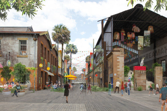 The island’s cavernous industrial buildings would be turned into a creative precinct with a central laneway.
