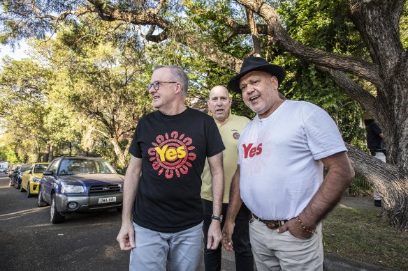 Prime Minister Anthony Albanese (left) with leading Indigenous Voice campaigner Noel Pearson (right) in Sydney.