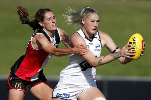 Tayla Harris, right, in action earlier this year for Carlton. 
