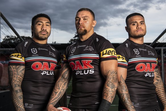 Penrith’s fearsome front-rowers Moses Leota, James Fisher-Harris and Spencer Leniu.