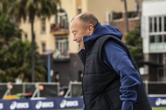 Eddie Jones at Coogee Oval on Thursday at the unveiling of the Wallabies’ World Cup jersey. 