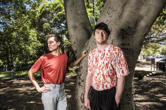 Playwright Elias Jamieson Brown and  director Declan Greene in Green Park, Darlinghurst, scene of the Griffin Theatre’s eponymous play.
