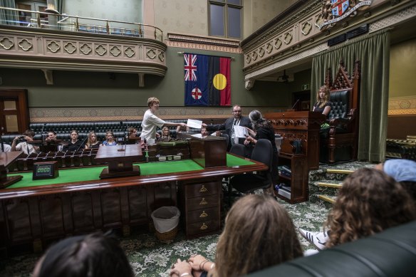 Students learning about democracy at NSW Parliament last week.
